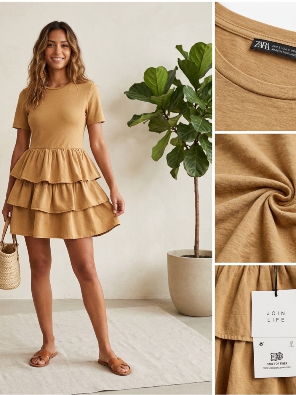 ZARA Join Life Organic Cotton Tiered Ruffle Mini Dress - Tan/Camel S